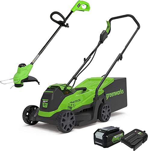 Greenworks Elektro-Rasenmäher 24V 33cm 30L Grasfangbox und Kabelloser Rasentrimmer 25cm automatischer Vorschubkopf mit Akku 4Ah und Ladegerät GD24LM33LT25K4 von Greenworks