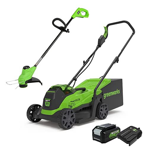 Greenworks Elektro-Rasenmäher 24V 33cm 30L Grasfangbox und Kabelloser Rasentrimmer 25cm automatischer Vorschubkopf mit Akku 4Ah und Ladegerät GD24LM33LT25K4 von Greenworks