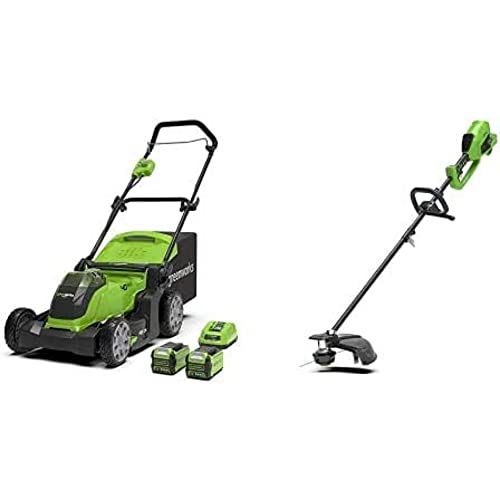 Greenworks Rasenmäher G40LM41 und Rasentrimmer und -Sense GD40BC und Laubgebläse GD40BV (Li-Ion 40V bis 600m² Mähfläche Flowerguard 185 km/h Drehzahlregulierung mit 2x2Ah Akku und Ladegerät) von Greenworks