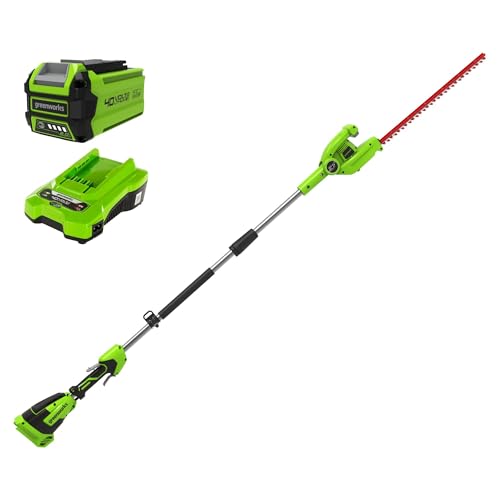 Greenworks G40PHAK2 Akku Stabheckenschere mit geteiltem Schaft, 51 cm Doppelklingen, schneidet bis zu 18 mm dicke Äste, 125° Kopfdrehung, 3000 s/min, 40V 2Ah Akku & Ladegerät, 3 Jahre Garantie von Greenworks