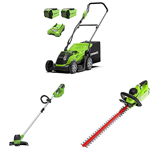 Greenworks Tools 01-0002501907UC+Akku-Rasentrimmer G40LT (Li-Ion 40V 30.5cm Schnittbreite 7000U/min Variable Drehzahlregelung)+Akku-Heckenschere G40HT (Li-Ion 40V 61cm Schnittlänge 27mm) von Greenworks