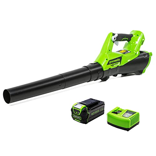 Greenworks Tools 40 V Axial Akku-Laubbläser G40AB + 01-000002927207 G40B5 Batterien, 40 V, Grün, Grau, Schwarz + Akku-Schnellladegerät G40UC4 von Greenworks