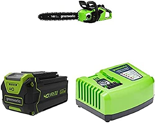 Greenworks Tools Akku-Kettensäge GD40CS18 + 01-000002927207 G40B5 Batterien, 40 V, Grün, Grau, Schwarz + Akku-Schnellladegerät G40UC4 von Greenworks