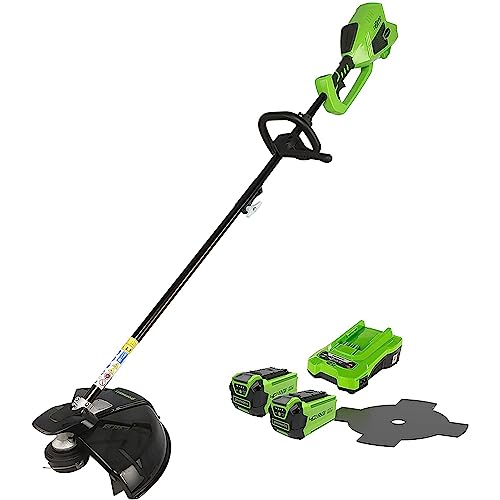 Greenworks 40V Akku Freischneider mit bürstenlosem Motor, Geschirr, verstellbarer Höhe, 40 cm Schnittbreite, 2 mm Nylonfäden oder 25 cm Klinge, 2 x 40 V Akku und Ladegerät, 3 Jahre Garantie GD40BCK2X von Greenworks