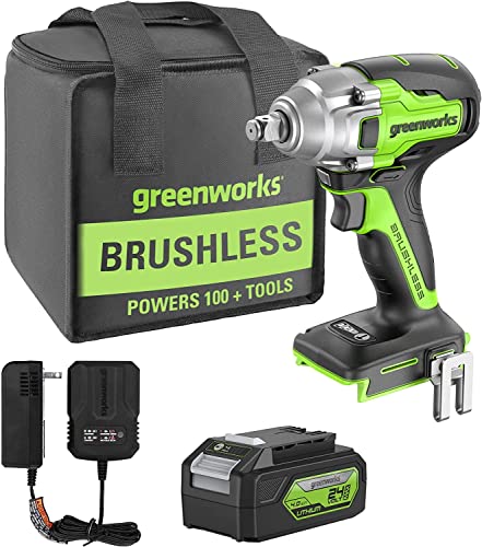 Greenworks GD24IW400K4 Akku Schlagschrauber mit bürstenlosem Motor, 0-2800rpm, 0-4000ipm, 400Nm Drehmoment, 1/2" Vierkantadapter, PLUS 24V 4Ah Akku & Ladegerät, 3 Jahre Garantie von Greenworks