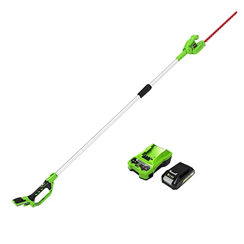 Greenworks G24PH51K2 Akku Stabheckenschere mit geteiltem Schaft, 51 cm Doppelklingen, schneidet bis zu 18 mm, 125-Grad-Schwenkkopf, 1500 Schnitte pro Minute, 24 V Akku und Ladegerät, 3 Jahre Garantie von Greenworks