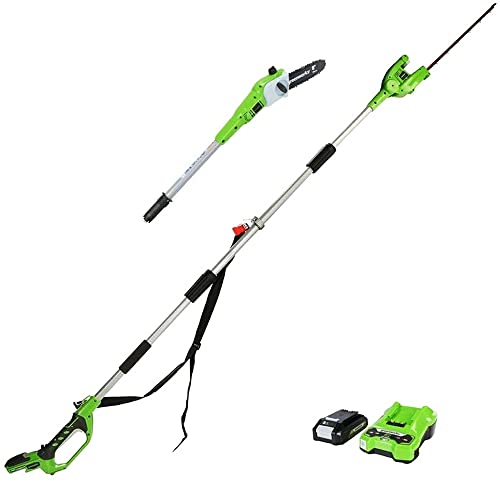 Greenworks G24PSHK2 2-in-1 Akku Stabheckenschere & Akku Hochentaster mit Schultergurt, Astsäge 20 cm Klinge, Heckenschere 51 cm Doppelklingen, 24V 2Ah Akku und Ladegerät, 3 Jahre Garantie von Greenworks