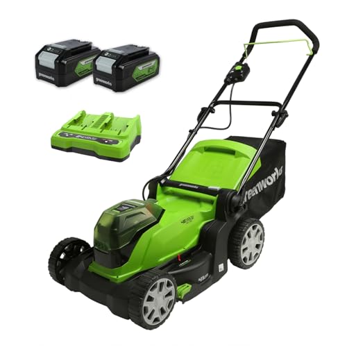 Greenworks G24X2LM41K4X Kabelloser Akku Rasenmäher für Flächen bis zu 440 m², 41 cm Schnittbreite, 50-Liter-Sack PLUS zwei 2 x 24V (entspricht 48V) 4Ah-Akkus und Doppelladegerät von Greenworks