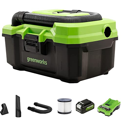 Greenworks tragbarer Akku-Staubsauger G24WDV (Li-Ion 24V 2 Geschwindigkeitsstufen 2-Filtersystem für Nass- und Trockeneinsatz 11 Liter Füllvolumen 62 CFM 7,5 kPa mit 4Ah Akku und ladegerät) von Greenworks