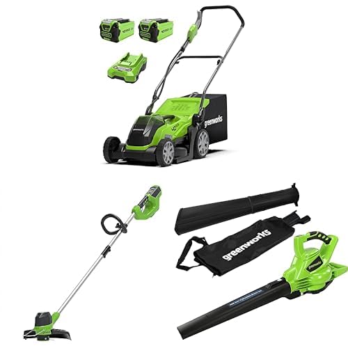 Bundle of Greenworks 40V 35cm Kabelloser Akku Rasenmäher G40LM35K2X + Greenworks 40V Akku Rasentrimmer G40LT + Greenworks GD40BV Akku Laubsauger/Laubbläser mit bürstenlosem Motor von Greenworks