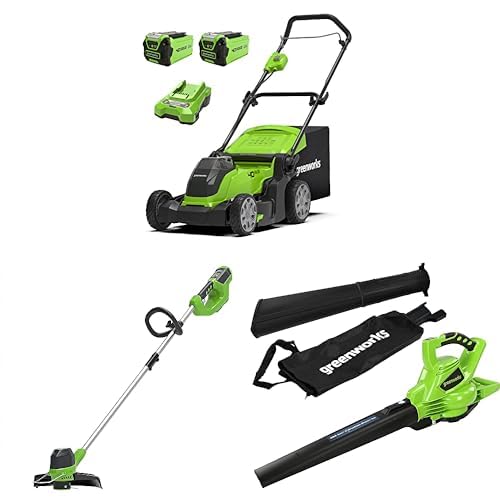 Bundle of Greenworks 40V Kabelloser Akku Rasenmäher -G40LM41K2X + Greenworks 40V Akku Rasentrimmer -G40LT + Greenworks Akku Laubsauger/Laubbläser -GD40BV von Greenworks