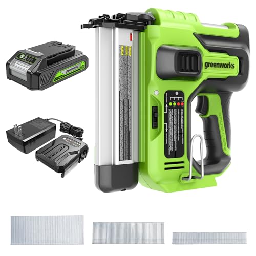 Greenworks 24V 18GA Bürstenloser Akku-Nagler-Set, Schnurlose Heftpistole, Elektrischer Nagelhefter mit 2Ah Akku und 2A Ladegerät von Greenworks