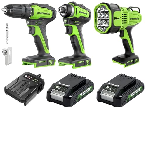 Greenworks 24V 3‑teiliges Akkutool-Set, bestehend aus Akkuschrauber (35 Nm), Akku-Schlagschrauber(220 Nm), Suchscheinwerfer mit 3000 Lumen, 2 Akkus und einem Ladegerät von Greenworks