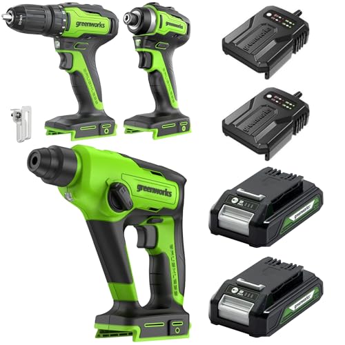 Greenworks 24V 3‑teiliges Akkutool-Set, bestehend aus Akkuschrauber (35 Nm), Akku-Schlagschrauber (220 Nm), 1.2J Akku-Bohrhammer, 2 Akkus und einem Ladegerät von Greenworks
