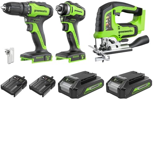 Greenworks 24V 3‑teiliges Akkutool-Set, bestehend aus Akkuschrauber (35 Nm), Akku-Schlagschrauber (220 Nm), Akku-Stichsäge, 2 Akkus und einem Ladegerät von Greenworks