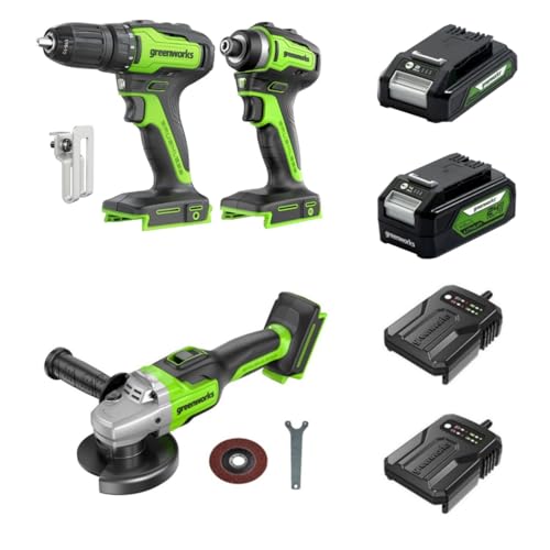 Greenworks 24V 3‑teiliges Akkutool-Set, bestehend aus Akkuschrauber (35 Nm), Akku-Schlagschrauber (220 Nm), Akku-Winkelschleifer (125 cm), 2 Akkus und einem Ladegerät von Greenworks
