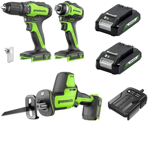 Greenworks 24V 3‑teiliges Akkutool-Set, bestehend aus Akkuschrauber (35 Nm), Akku-Schlagschrauber (220 Nm), Mini Akku-Säbelsäge, 2 Akkus und einem Ladegerät von Greenworks