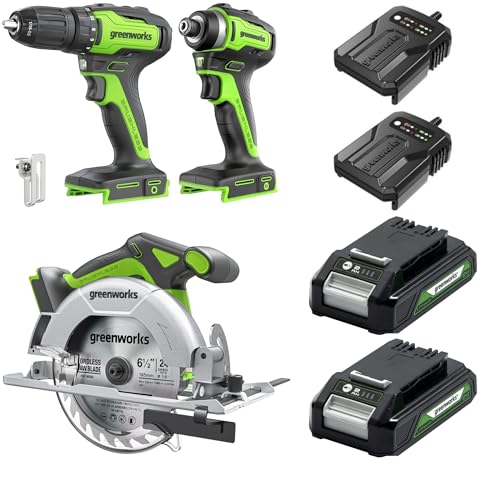 Greenworks 24V 3‑teiliges Akkutool-Set, bestehend aus Akkuschrauber 35 Nm, Akku-Schlagschrauber 220 Nm, Akku-Handkreissäge, 2 Akkus und einem Ladegerät Greenworks 24V 3‑teiliges Akkutool-Set, bestehend aus Akkuschrauber 35 Nm, Akku-Schlagschrauber 220 Nm, Akku-Handkreissäge, 2 Akkus und einem Ladegerät von Greenworks