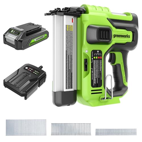 Greenworks 24V Akku-Nagler (100 Schuss/min, max. 50 mm Nagellänge, Tiefeneinstellung, Einzel-/Serienschuss, inkl 500 Nägel, mit 2Ah Akku und Ladegerät) von Greenworks
