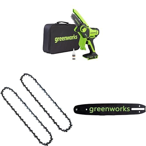 Greenworks 24V Mini-Kettensäge 4-Zoll (10 cm) kabellose Akku-Kettensäge ohne Akku und Ladegerät, + Greenworks Kettensägekette im 2er-Pack für 4-Zoll (10 cm) + Greenworks 10cm Kettenstange von Greenworks