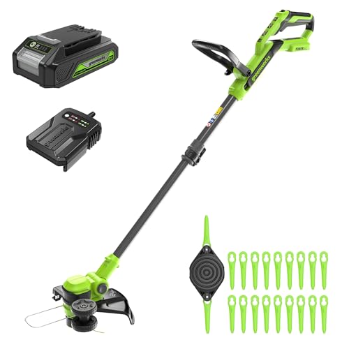Greenworks 24V Rasentrimmer Mit Akku, 30cm Schnittbreite, 90° Dreh, inkl. Fadenspule & 20 Kunststoffklingen, inkl. 2.0 Ah und Ladegerät, Akku Rasentrimmer, Grün von Greenworks