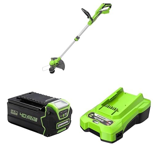 Greenworks 40V Akku Rasentrimmer & Kantenschneider mit Rad für klein-mittelgroße Gärten G40LT33 + 5Ah Akku & 2A Ladegerät von Greenworks