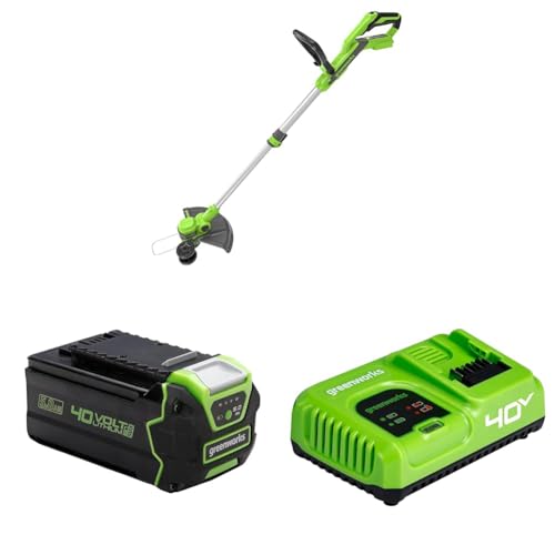 Greenworks 40V Akku Rasentrimmer & Kantenschneider mit Rad für klein-mittelgroße Gärten G40LT33 + Greenworks 40V 5Ah Akku + 40V 5A Schnellladegerät von Greenworks