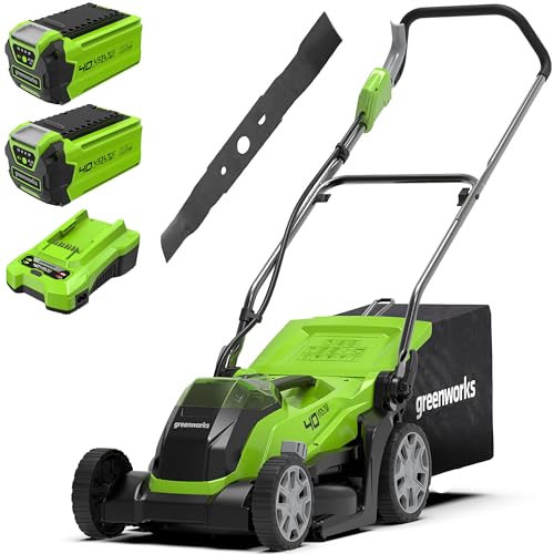 Greenworks 40V Kabelloser Akku Rasenmäher für Flächen bis zu 400 m², 35 cm Schnittbreite, 40-Liter-Sack Plus Zwei 40 V 2Ah-Akkus und Ladegerät-G40LM35K2X + Greenworks Tools Original 35cm Ersatzmesser von Greenworks