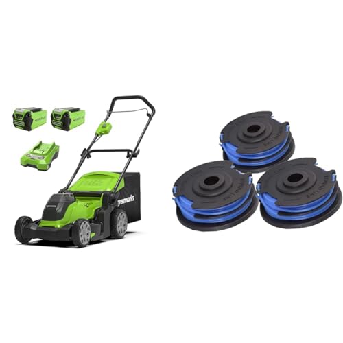 Greenworks 40V Kabelloser Akku Rasenmäher für Flächen bis zu 500 m² & 3 Stück Doppel-Fadenspule 29187 für Greenworks 40V Rasentrimmer G40LT G40LTK2 G40LTK2x von Greenworks