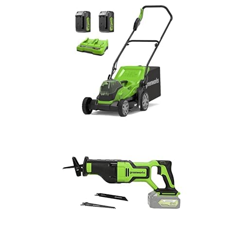 Greenworks 48V (2x24V) Kabelloser Akku Rasenmäher, 36 cm Schnittbreite, 2 x 24V 4Ah-Akkus & Doppelladegerät + Greenworks GD24RS Akku Säbelsäge, 3 Jahre Garantie von Greenworks