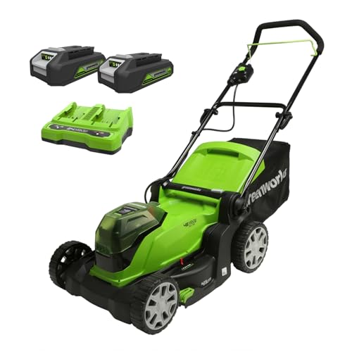 Greenworks 48V (2x24V) Kabelloser Akku Rasenmäher für Flächen bis zu 220 m², 41 cm Schnittbreite, 50-Liter-Sack PLUS zwei 2 x 24V 2Ah-Akkus und Doppelladegerät, 3 Jahre Garantie, G24X2LM41K2X von Greenworks