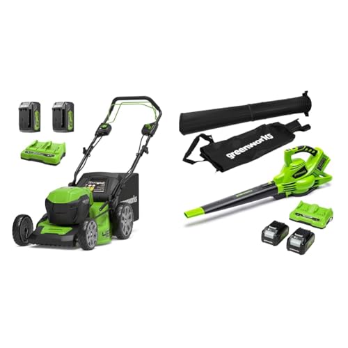 Greenworks 48V (2x24V) Selbstfahrender Akku Rasenmäher & 48V(2x24V) Akku Laubsauger/Laubbläser mit Schultergurt von Greenworks