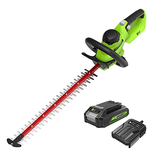 Greenworks Akku-Bürstenlose Heckenschere 24V GD24HT61K2, 61cm Dual Action Klinge, schneidet bis zu 25.4mm dicke Zweige und Stämme 3200 spm mit 2Ah Akku-Ladegerät, 3-Jahres-Garantie von Greenworks