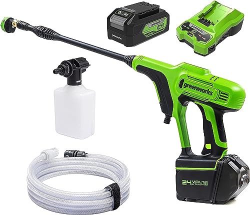 Greenworks Akku-Druckreiniger G24PWK4 (Li-Ion 24V 300 Watt Motorleistung 24 bar Druck 180 l/h Durchflussmenge 5-Fach Düse 6m Schlauch mit 4Ah Akku und Ladegerät) von Greenworks