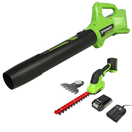 Greenworks Akku Gras- und Strauchschere + Axial Akku-Laubbläser von Greenworks