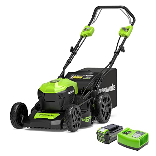 Greenworks Akku-Rasenmäher 40V 46cm Inkl. Akku 4Ah und Schnell Ladegerät, Bis 600m² Selbstfahrend Mulchen Seitenauswurf 55L 7-Stufige Schnitthöhenverstellung GD40LM46SPK4 von Greenworks