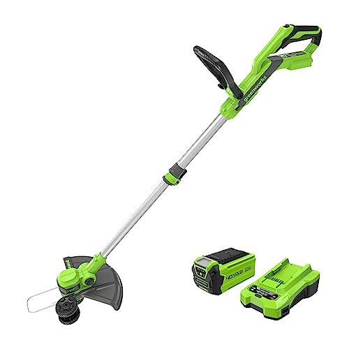 Greenworks 40V Akku Rasentrimmer & Kantenschneider mit Rad für klein-mittelgroße Gärten, 33m Schnittbreite, automatischer Vorschub 1,65mm Nylonfaden, 40V 2Ah Akku & Ladegerät G40LT33K2 von Greenworks