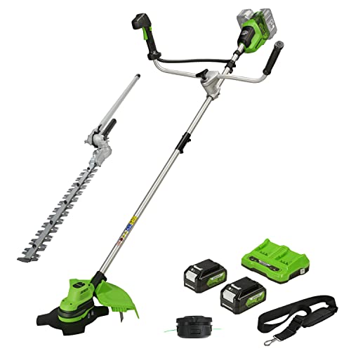 Greenworks Akku-Rasentrimmer und Freischneider 48V(2×24V) 38cm, Heckenschneider-Aufsatz mit 2 Akku 4Ah und Ladegerät von Greenworks