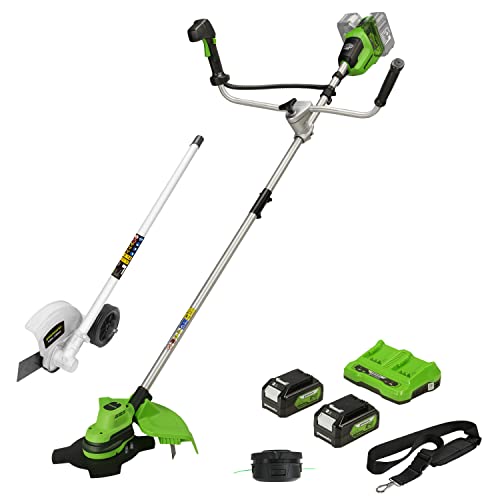Greenworks Akku-Rasentrimmer und Freischneider 48V(2×24V) 38cm, Kantenschneider-Aufsatz mit 2 Akku 4Ah und Ladegerät von Greenworks