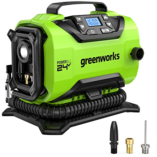Greenworks G24IN Akku Luftpumpe, 11 Bar, Nieder- oder Hochdruck, automatische Abschaltung mit 3 Adaptern und 0,5m Schlauch OHNE 24V Akku und Ladegerät, 3 Jahre Garantie von Greenworks