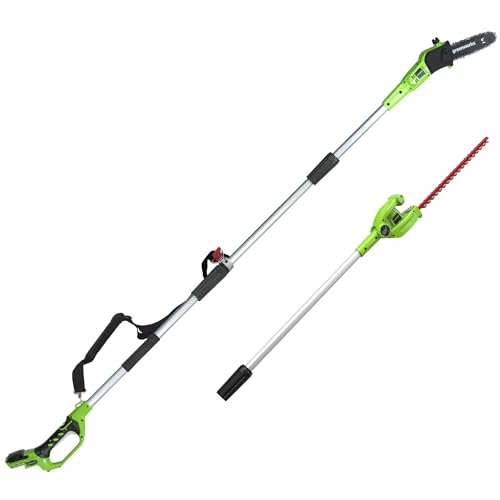 Greenworks G24PSH 2-in-1 Akku Stabheckenschere & Akku Hochentaster mit Schultergurt, Astsäge 20 cm Klinge, Heckenschere 51 cm Doppelklingen, OHNE 24 V Akku und Ladegerät, 3 Jahre Garantie von Greenworks