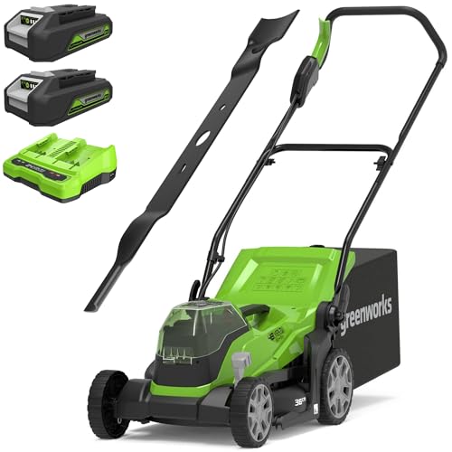 Greenworks G24X2LM36K2X Kabelloser Akku Rasenmäher, 36 cm Schnittbreite, 40-Liter-Sack Plus Zwei 2 x 24V 2Ah Akkus & Doppelladegerät, 3 Jahre Garantie + Greenworks Tools Original 35cm Ersatzmesser von Greenworks
