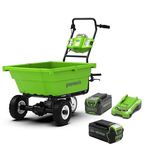 Selbstfahrender 40V Akku-Gartenwagen von Greenworks 100 kg Tragkraft 106 l G40GC, komfortable Kippfunktion und schnell aufladbarer 40V 5Ah Akku & Universal Ladegerät Kit +Bonus 4Ah Lithium-Ionen Akku von Greenworks