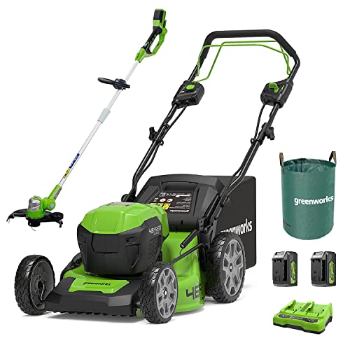 Greenworks GD24X2LM46SPK4X Selbstfahrender Akku Rasenmäher für große Flächen bis zu 480m², Rasentrimmer G24LT30M 30cm Schnittbreite, 120l Gartenabfallsack,Plus Zwei 4Ah-Akkus und Doppelladegerät von Greenworks