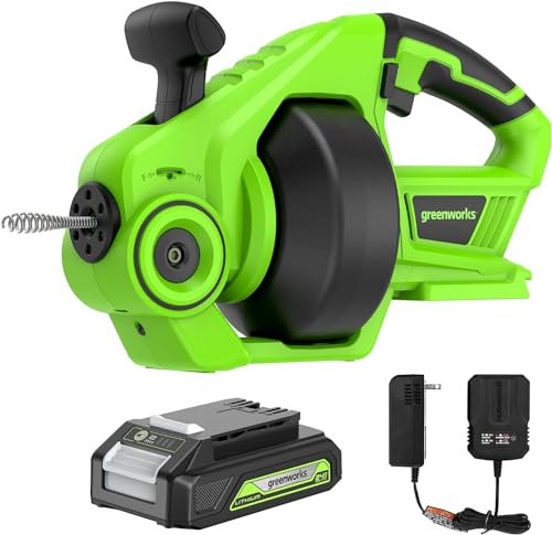 Greenworks Kabelloser Rohrbohrer, 24 V, 560 U/min, zum Entfernen von Waschbecken, Duschabflüssen, Toiletten und mehr. (1,9 cm - 5,1 cm Rohre), 2,0 Ah Akku und Ladegerät im Lieferumfang enthalten von Greenworks