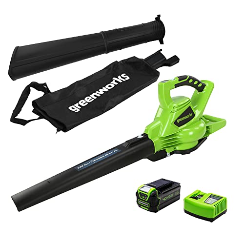 Greenworks Tools Akku-Laubsauger und -Laubbläser 2in1 GD40BV + 01-000002927207 G40B5 Batterien, 40 V, Grün, Grau, Schwarz + Akku-Schnellladegerät G40UC4 von Greenworks