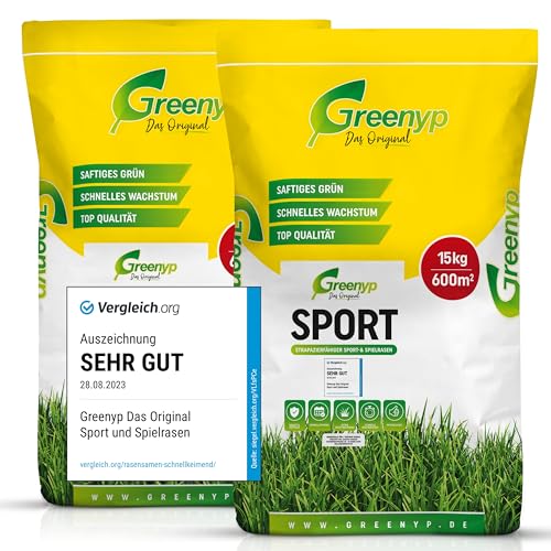 Greenyp® Sport I strapazierfähiger Sport-& Spielrasen I 30kg für 1200m² I Sportrasen Grassamen Rasensamen Rasensaat Gras Nachsaat schnellkeimend [SET] von Greenyp Das Original