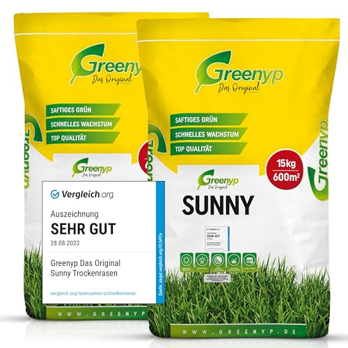 Greenyp® Sunny I dürreresistenter Trockenrasen I 20kg für 800m² I Grassamen Rasensamen Rasensaat Gras Nachsaat schnellkeimend [SET] von Greenyp Das Original