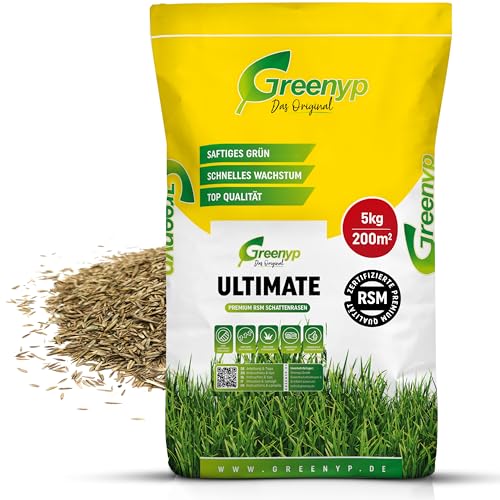 Greenyp Ultimate I Premium Schattenrasen mit 10% Poa Supina I Nachsaat Grassamen Rasensamen Rasensaat Gras für besonders schattige Plätze (200m² / 5kg) von Greenyp Das Original