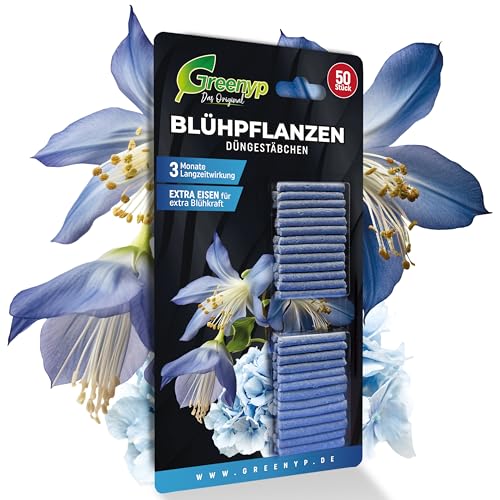 Greenyp 50x Blühpflanzen Düngestäbchen für alle Zimmerpflanzen, Balkonpflanzen und Kübelpflanzen I Universal NPK Blumendünger I Langzeitdünger mit Extra Eisen und 3 Monate Düngekraft von Greenyp Das Original